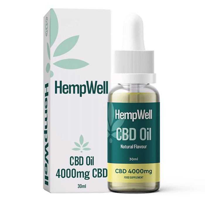 HempWell 4000mg CBD Oil natural flavour with 30ml bottle and packaging.