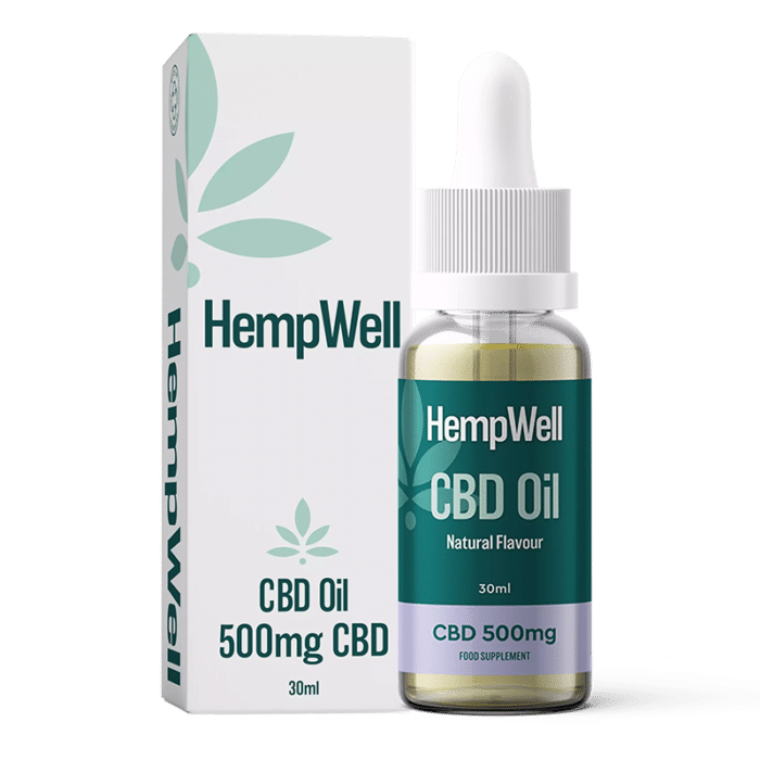 HempWell 500mg CBD Oil in natural flavour, 30ml bottle with packaging, ideal for precise and easy CBD dosage.