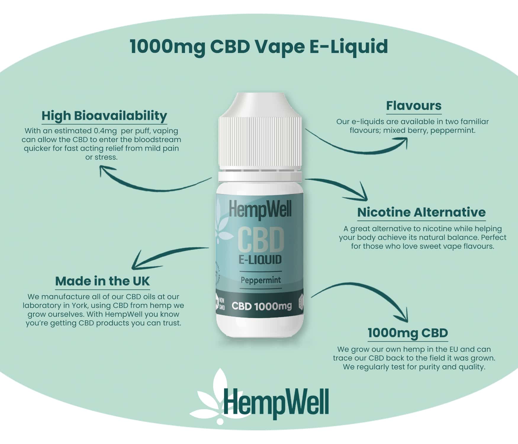 HempWell 1000mg CBD Vape E-Liquid in peppermint flavour – high bioavailability and fast-acting relief